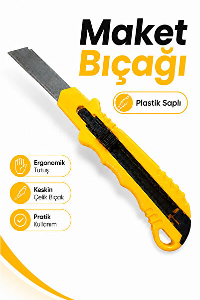 Badem10 Plastik Maket Bıçağı Sarı Hafif Gövdeli Kağıt Karton Koli Kesme ve Pa...