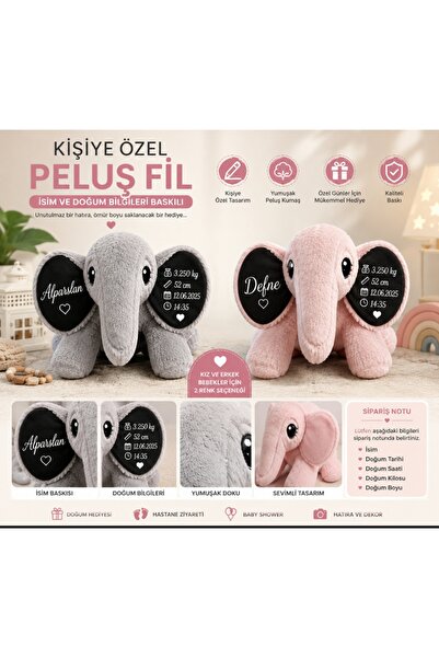 Genel Markalar Kişiye Özel Baskılı Bebek Anı Fili – Doğum Bilgileri Baskılı