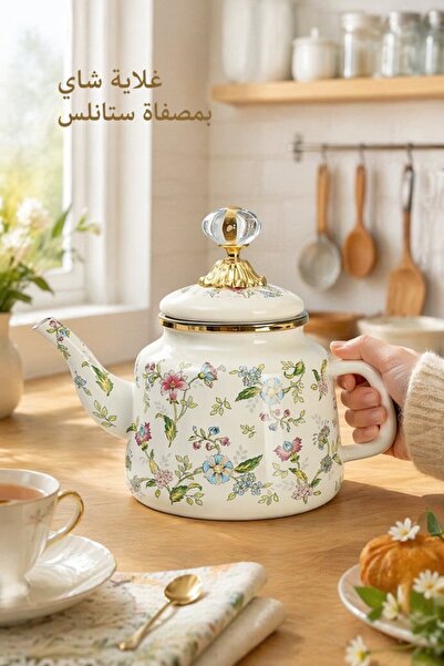 Generic 1 Pc Enamel Tea Kettle 12L Stove Top Brewing Pot Retro Floral Gold Ha...
