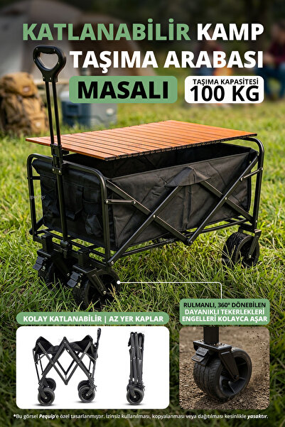 Pequip Katlanabilir Masalı Kamp Plaj Arabası - 100 Kg Kapasiteli Frenli Kalın...