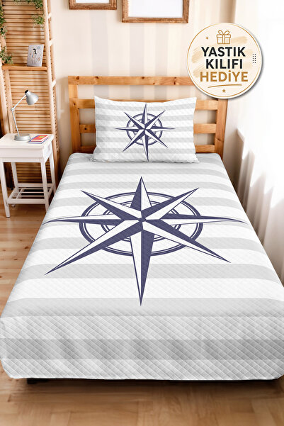 Evimde Bambaşka Pusula Marine Gray Young Room Single Pique Set-Striped Modern...