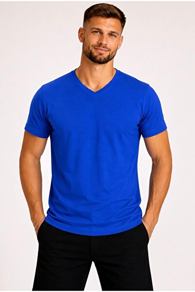 AXXEL Men's Saks Blue Cotton V-Neck Short Sleeve T-Shirt-D804