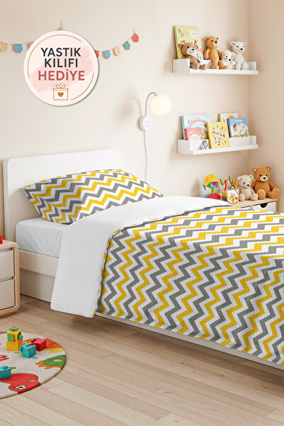 Evimde Bambaşka Yellow Gray Zigzag Geometric Young Room Single Pique Set-Mode...