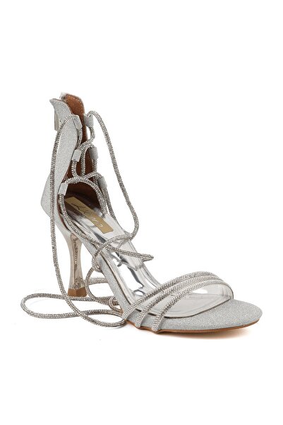 Libero Glittery Stone Embellished Drawstring Ankle Strap Metallic Heeled Even...