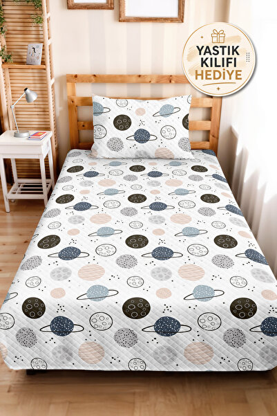 Evimde Bambaşka Space Planet Patterned Children's Room Single Pique Set - Gra...