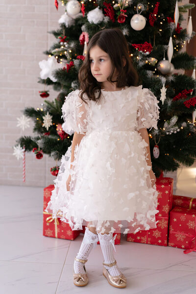 Printesasofy Rochie pentru fete cu mâneci albe cu fluturi 3D Lily pentru Even...