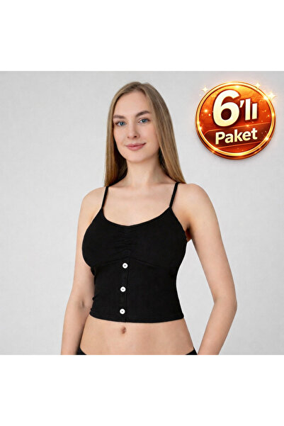 Cansu İç Giyim Women's 6-Pack Button Detailed Ribbed Crop Tank Top Set - Blac...