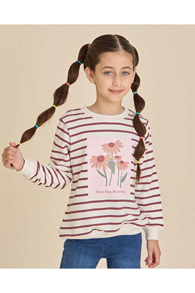 REDTAG Girls white striped with Flower Glitter Print Sweatshirt