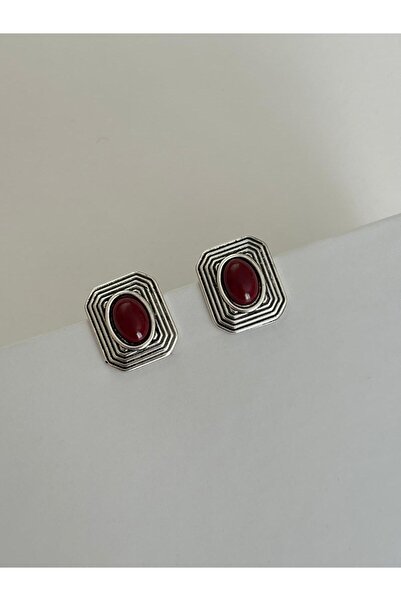 FASHION Special Design Retro Square Burgundy Stone Silver Color Earrings