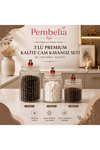 Kitchen Pembelia 3’lü Kiraz Detaylı Cam Saklama Kavanoz Seti Kahve Köşelerine...