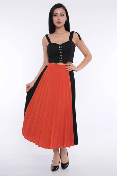 FIRST STYLE Turkish Bilecik High-End Midi Skirt in a Harmonious Taupe and Bla...