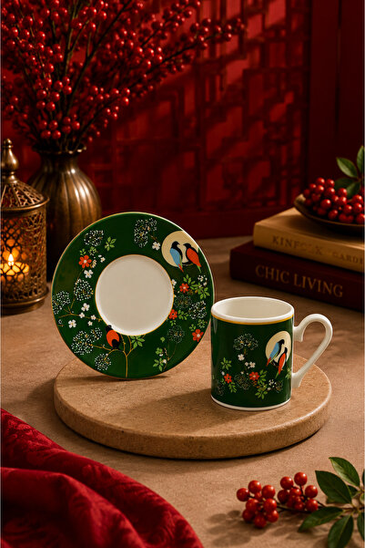 YzHome 2 Kişilik Porselen LovelyBirds Kırmızı Yeşil Özel Tasarım Kahve Fincan Takımı Seti 90ml