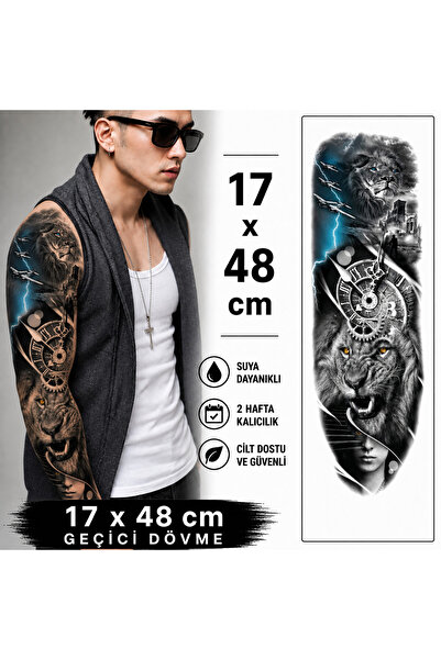 medink tattoo 2 Hafta kalıcı Aslan ve saat Tam Kol Kaplama Geçici Dövme Stick...