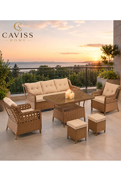 cavisshome CAVISS HOME Monaco Lüks Rattan Bahçe Oturma Grubu 5 Kişilik (3+1+1...