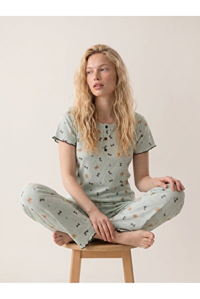 DAT Women's Mint Green Teddy Bear Patterned Ribbed Short Sleeve Pajama Set