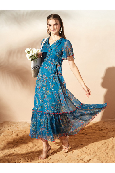 Miss Chase By Styli Teal Leaf Print V Neck A-Line Maxi Dress