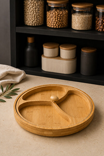 Tutku Home 3 Bölmeli Kapaklı Bambu Çerezlik & Sunumluk 28 Cm