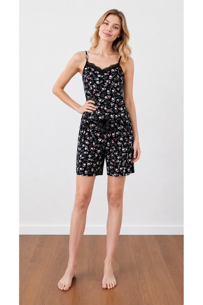 oncepetcom Women's Cotton Patterned Lace Bottom and Top Pajama Set