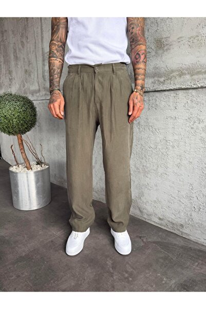 KağanKY Khaki Pleated Modal Fabric Baggy Trousers