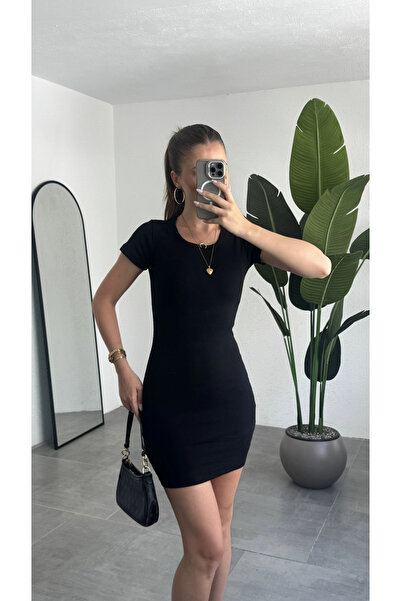 asfamoda Women's Black Ribbed Mini Dress Crew Neck Short Sleeve Stretchy Body...