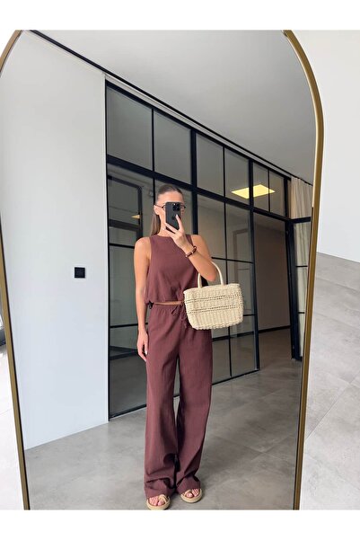 BB Bensu Buyruk Crop Top Elastic Waist Pants Linen Suit Brown
