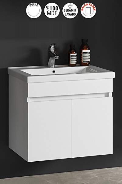 ÖZCEDEN Çiğdem 65 cm Beyaz Balon MDF Seramik Lavabolu Asma Banyo Alt Dolabı