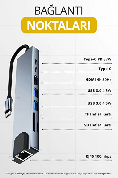 Pequip Macbook Uyumlu Type-c To 4k Hdmı Usb 3.0 Ethernet 8ın1 Çevirici Hub Adaptör
