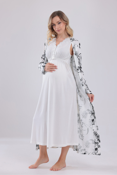 Yulem Homewear طقم ملابس نوم للحوامل من القطن بتصميم دانتيل إكرو من نيو سيزون...