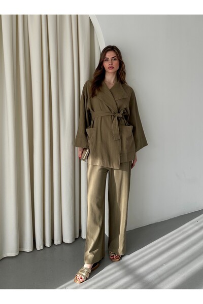 My Blog Khaki Romna Raw Linen Jacket and Trousers Set - 2Y8447