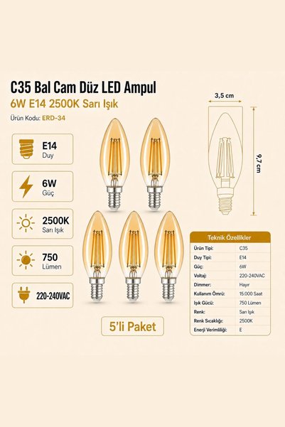 Heka C35 Bal Düz LED Ampul 6W E14 2500K Sarı Işık ERD-34 5'li