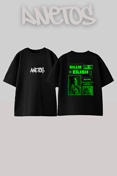 Anetos Billie Eilish_166 Design Printed Oversize Black T-Shirt