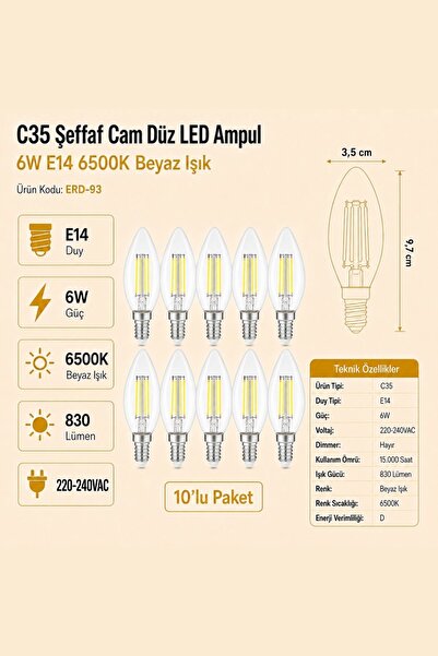 Heka C35 Şeffaf Cam Düz LED Ampul 6W E14 6500K Beyaz Işık ERD-93 10'lu
