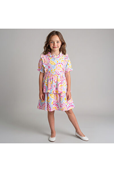 Kidyra Girl's Floral Patterned Ruffle Detailed Layered Short Sleeve Dress