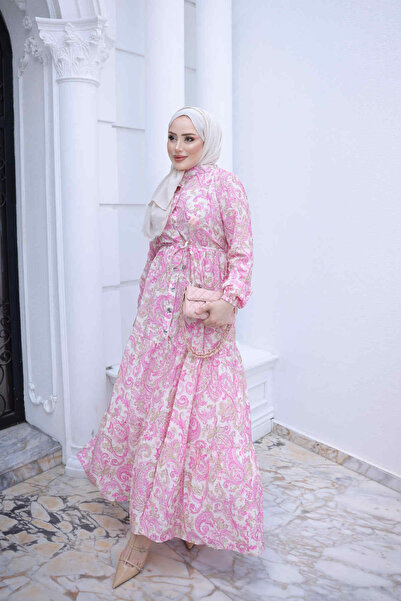 İmajButik Pembe Yarım Düğmeli Kol Lastikli Eteği Katlı Elbise