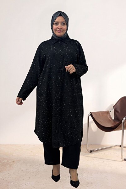 67058 Plus Size Shirt Stone Detailed Mango Set with Pants - Black