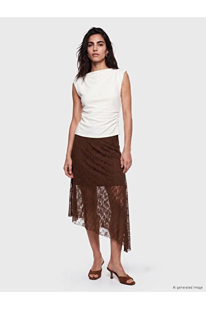 LC Waikiki Lcw Vision Brown High Waist Asymmetrical Cut Ruched Skirt