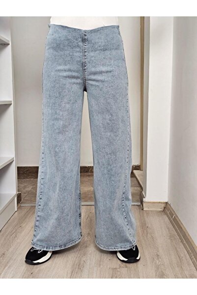 Felix Butik FELİX14230 Bel Lastikli Arka Cepli Palazzo Kar Yıkamalı Jean Pant...