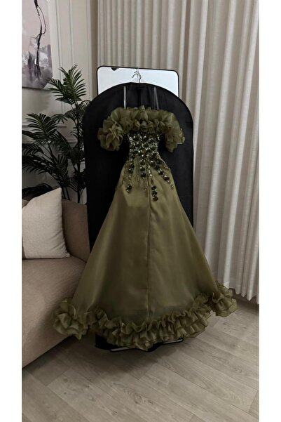 FASHION Olive Green Satin Dress, Embroidered Chest with Sparkling Rhinestones...