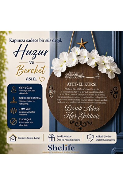 SHELİFE Kişiye Özel İsimli Ayetel Kürsi Kapı Süsü - 23 cm Ahşap MDF Lazer Kaz...