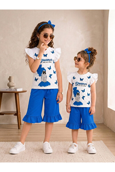 Generic Brand Girl's Butterfly Printed Ruffle Capri Set Cotton Summer Wear