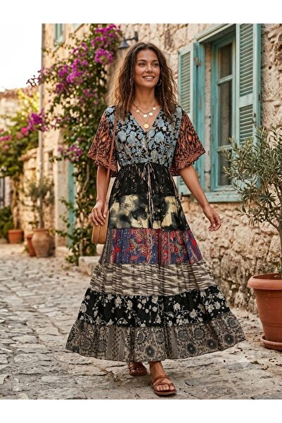 AYASOFYA OTANTIK Women's Indian Ethnic Patterned Silk Dress