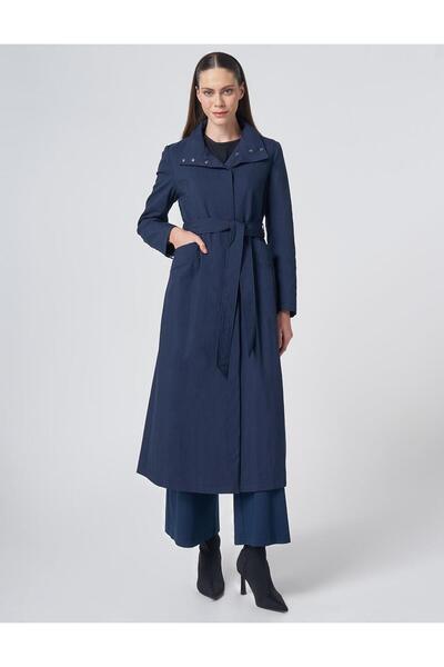 KYR Belted Stand Collar Trench Coat Dark Navy Blue