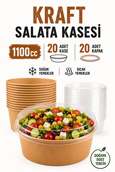 Delvos 1100 cc 20 Adet Büyük Boy Kraft Bowl Salata Diyet Kasesi 20 Adet Kapak...