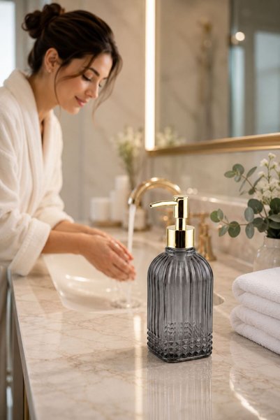ANGDESİGN Bodrum Single Glass Liquid Soap Dispenser Smoked | |   Modern Luxury Bathroom Accessory Decorative Liquid Soap Dispenser Soap Dispenser Countertop Sink for Bathroom & Kitchen | |   Gold Pompali | |   Dishwashing Detergent Hand Soap