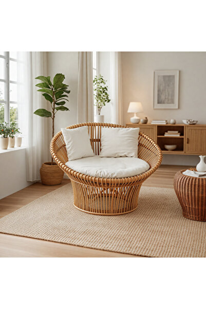 Ebticar Indoor Chair Beige and White Natural Rattan Elegant Frame and Side Ar...