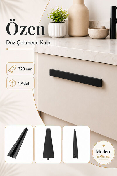 Badem10 Özen Düz Mat Siyah Metal Çekmece Kulpu 320 mm Mobilya Dolap Kapak Kul...