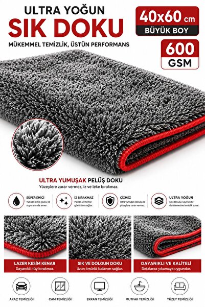 SİLVER HOME Premium 600 GSM Peluş Mikrofiber Araç Kurulama Havlusu 40x60 cm Ultra Emici Oto Kurulama Bezi Çizmez İz ve Tüy Bırakmaz