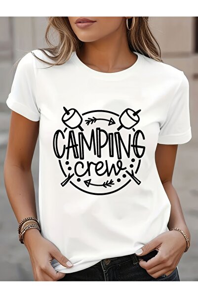 NOURAM تي شيرت نسائي بطباعة "Camping Crew" - قميص أسود كاجوال بأكمام قصيرة مع...