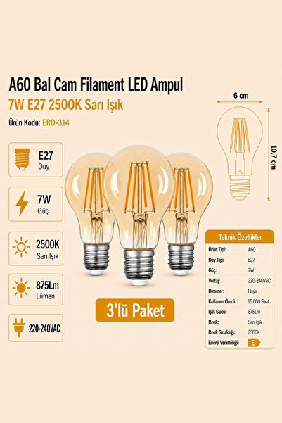 Heka A60 Bal Cam Filament LED Ampul 7W E27 2500K Sarı Işık ERD-314 3'lü