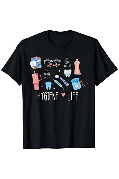 LİNA06 Hygienist School Student T-Shirt Black with Tools Graphic (Coffee Cup,...
